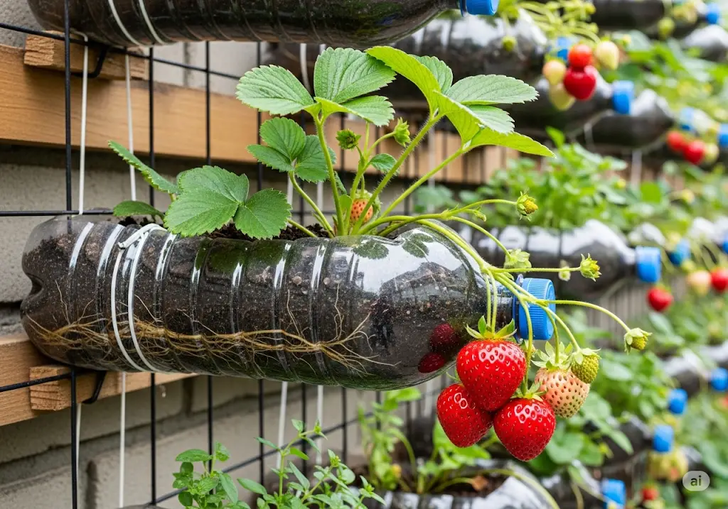 Strawberries In Bottles A Vertical Garden Treat Home Garden Tips strawberries-in-bottles-a-vertical-garden-treat-home-garden-tips