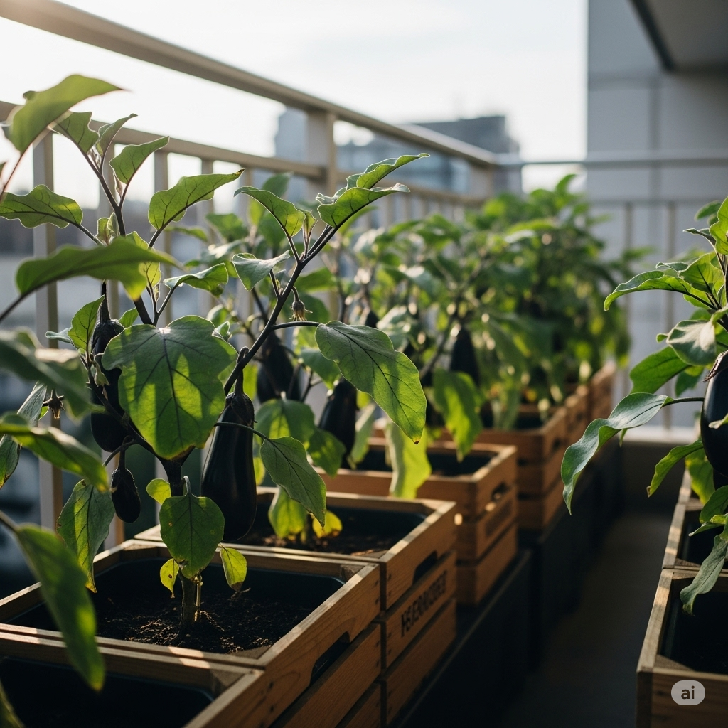 Balcony Eggplant Gardening With Wooden Crates Home Garden Tips