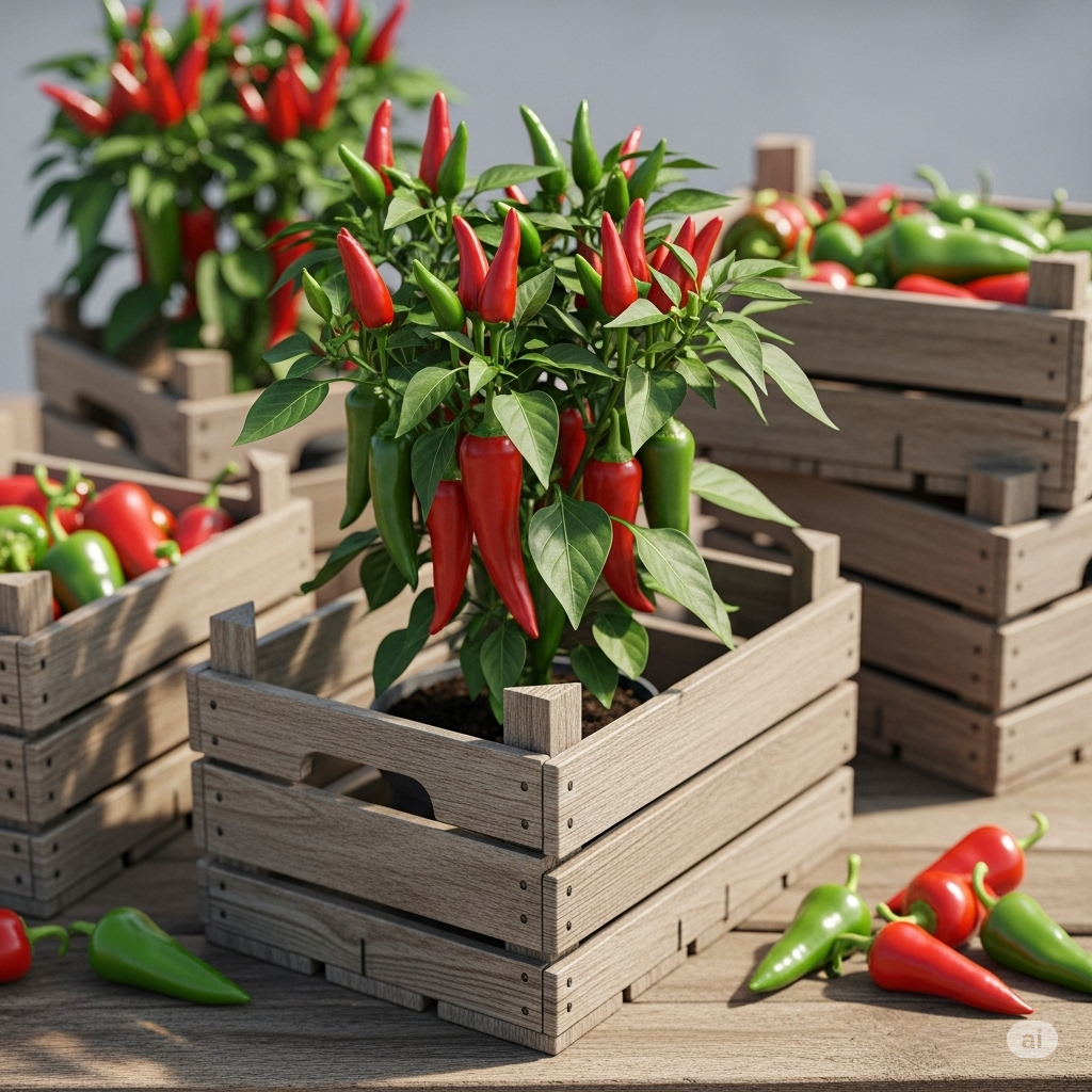 Rustic Crate Gardening for Balcony Chili Plants - Home Garden Tips